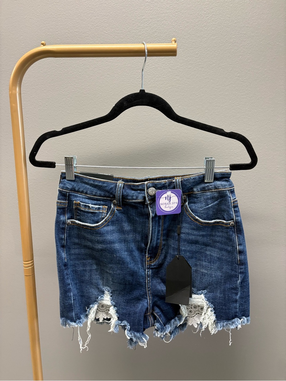 Mid-Rise Distressed Lace-Trim Dark Blue Denim Shorts